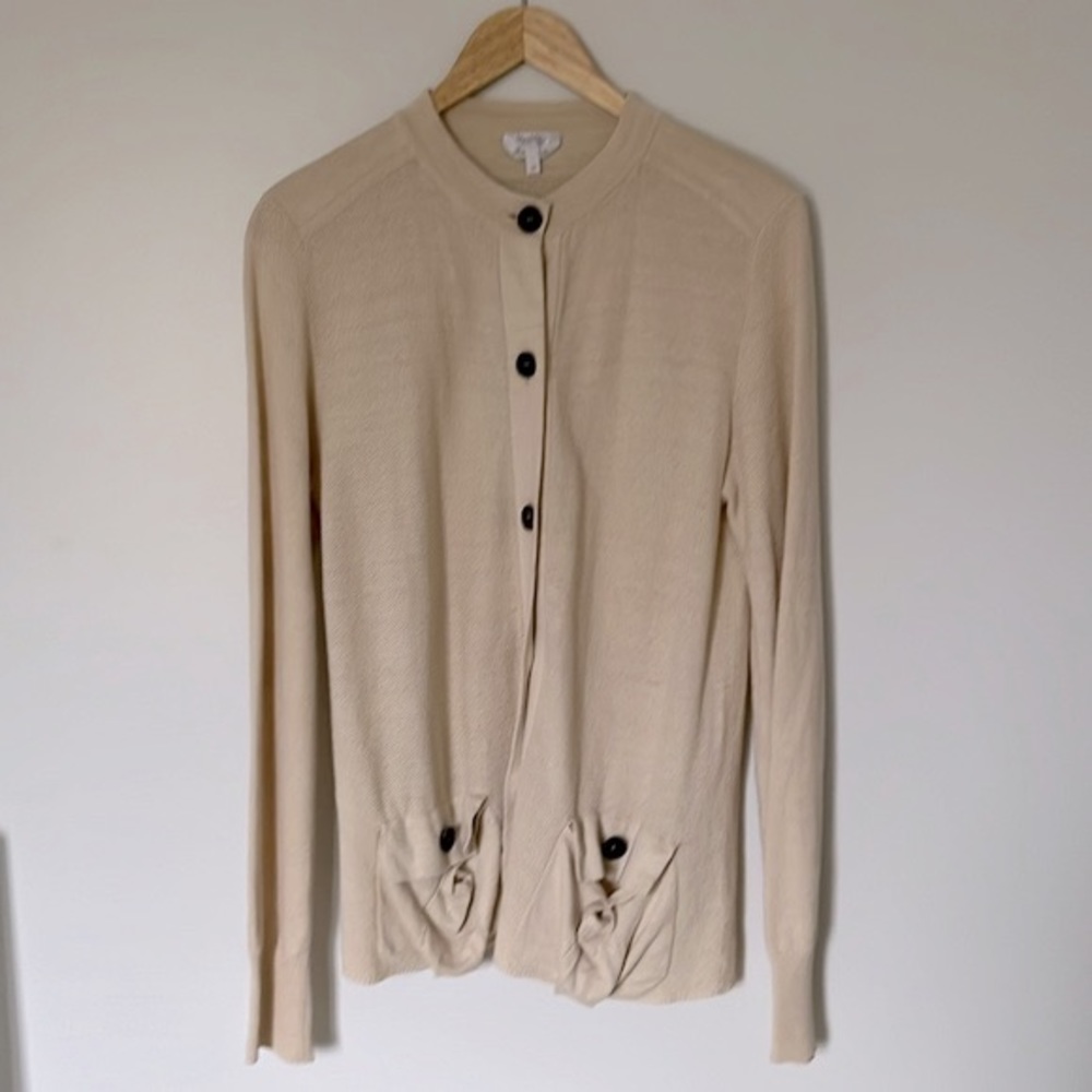 Beige MaxMara Linen Button Down Cardigan with pockets and rope tie belt, size M